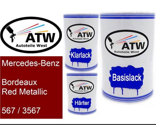 Mercedes-Benz, Bordeaux Red Metallic, 567 / 3567: 500ml Lackdose + 500ml Klarlack + 250ml Härter - Set, von ATW Autoteile West.